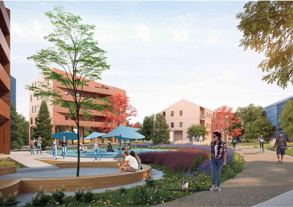 Perspektive: Ensemble der Pfahlhäuser