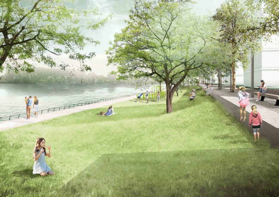 Sonnenbaden auf der Parkwiese mit Blick auf die schattige Sportsbay