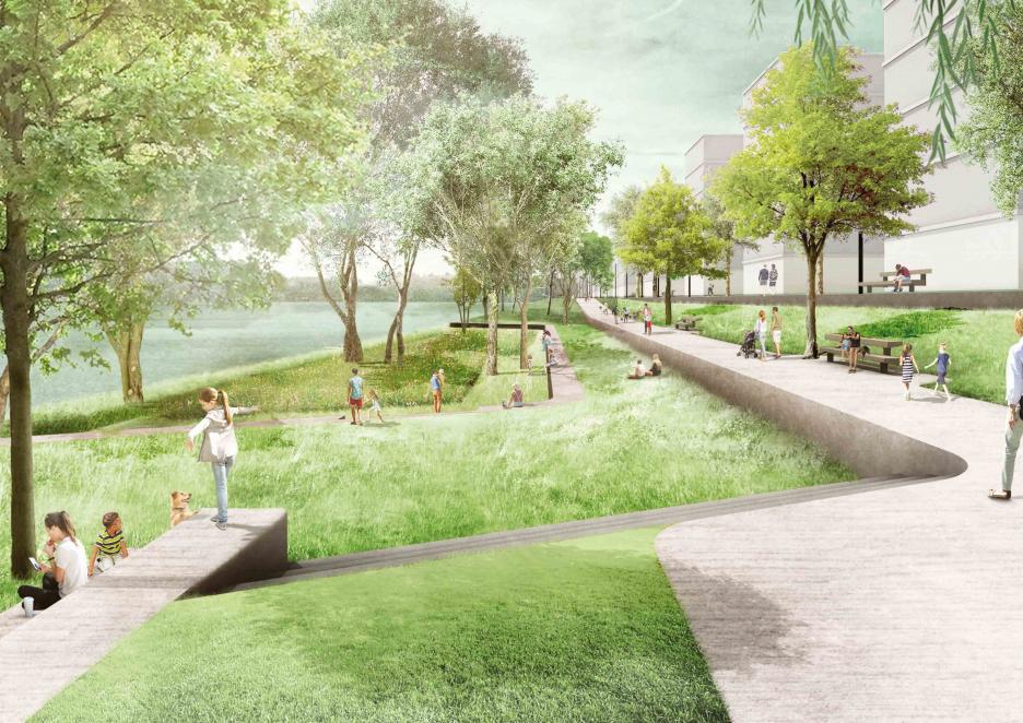 Die Ebenenflächen der neuen Auenterrassen bilden ein Auditorium der neuen Urbanen Aue