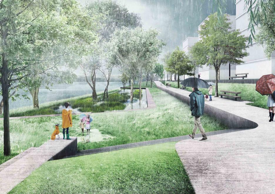 Auch an einem Regentag lassen sich in Gummistiefeln die Veränderlichkeiten des Rheinufers erkunden