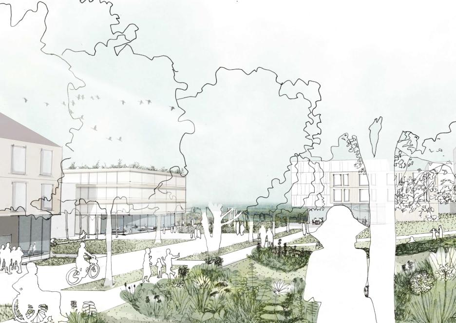 Perspektivische Skizze "Campuspark mit Blick Richtung Neckartal"