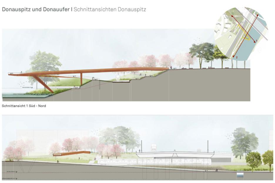 Donauspitz und Donauufer | Schnittansichten Donauspitz